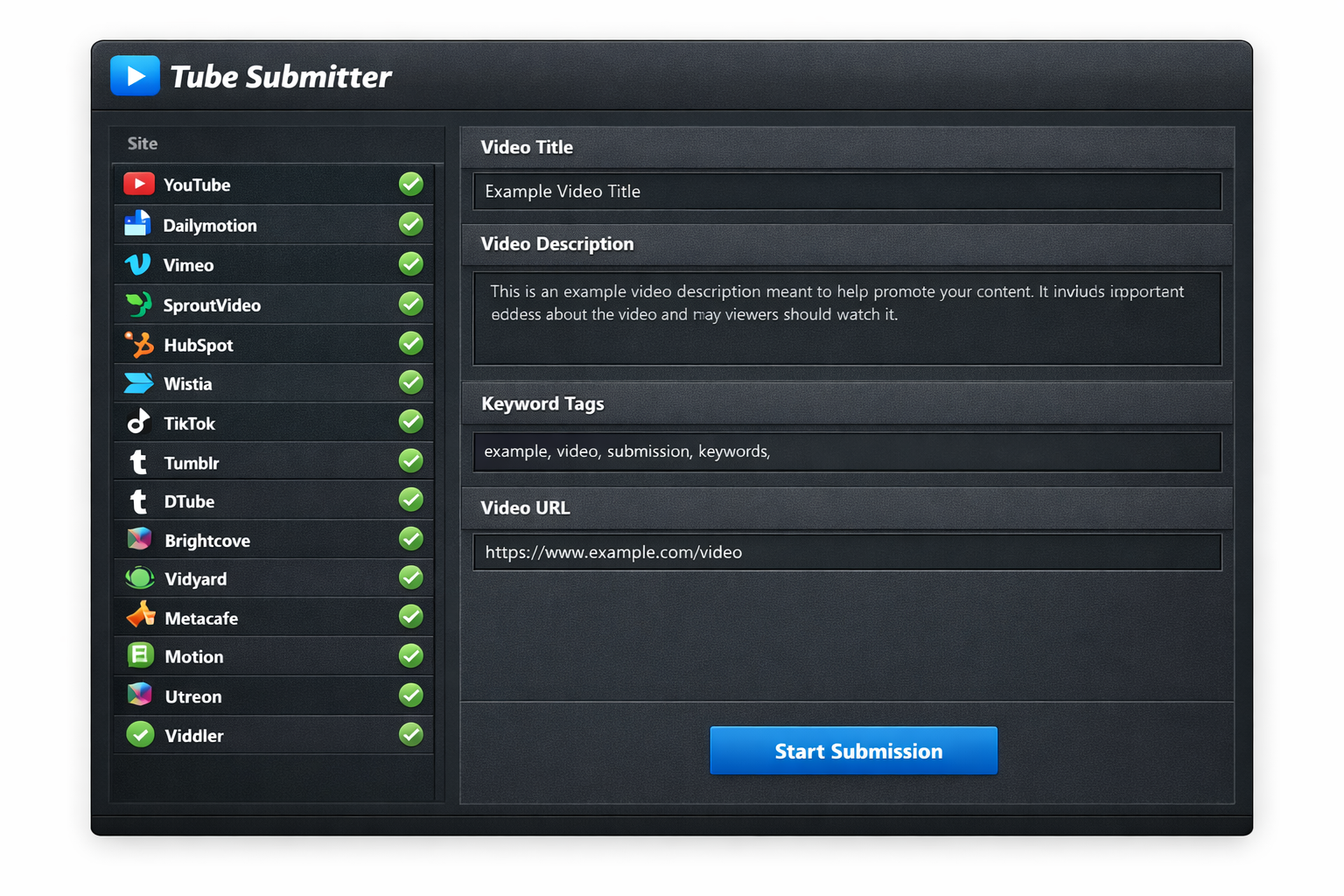 Tube Submitter software interface showing bulk video submission settings and site selection panel